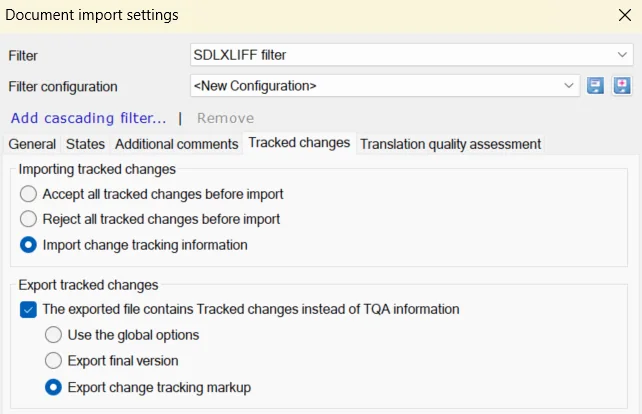 Screenshot of Import/Export settings window in memoQ Translator Pro.