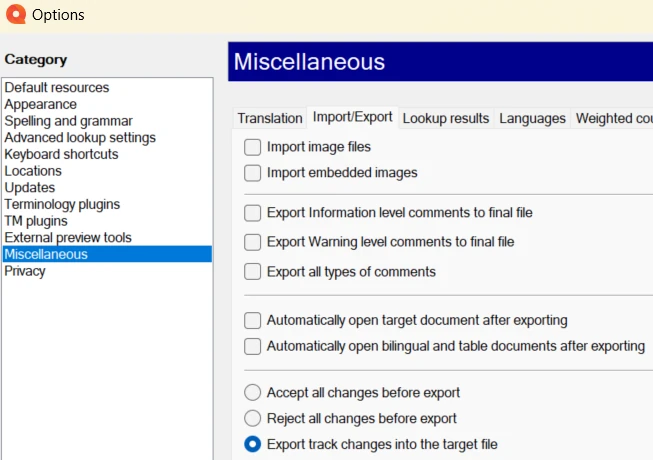 Screenshot of Import/Export settings window in memoQ Translator Pro.