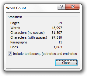 Screenshot of Word Count functionality in MS Word